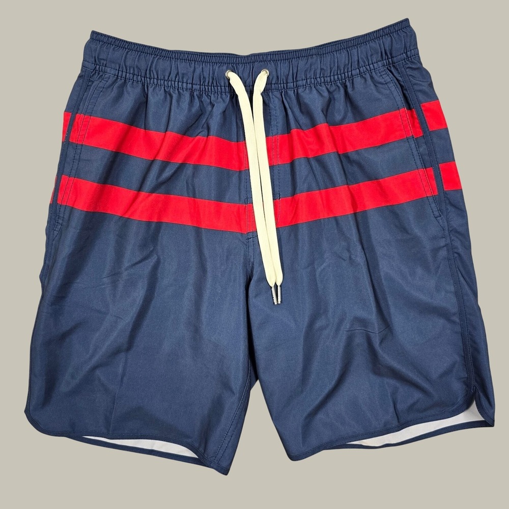 Fair Harbor Swim Trunks Men M Navy Blue Red Stripe Board Shorts Beach Coastal